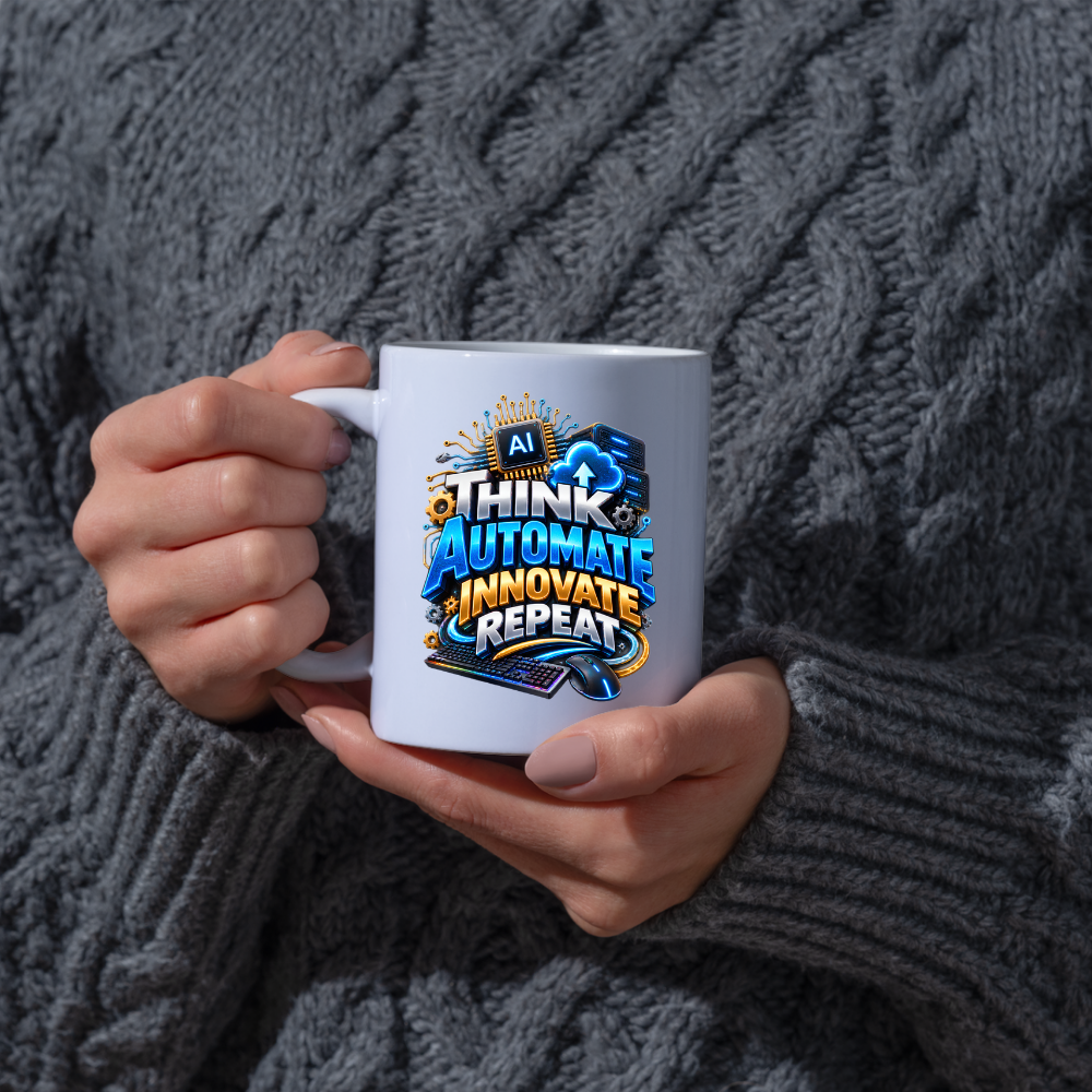 Tech Mug "Think Automate Innovate Repeat" Think Automate Innovate Repeat 325ml Ceramic Coffee Mug – Tech Developer Mug with AI Processor, Cloud, Keyboard & Mouse | IT Programmer Gift | Fast Dispatch by UK Seller (M3326)