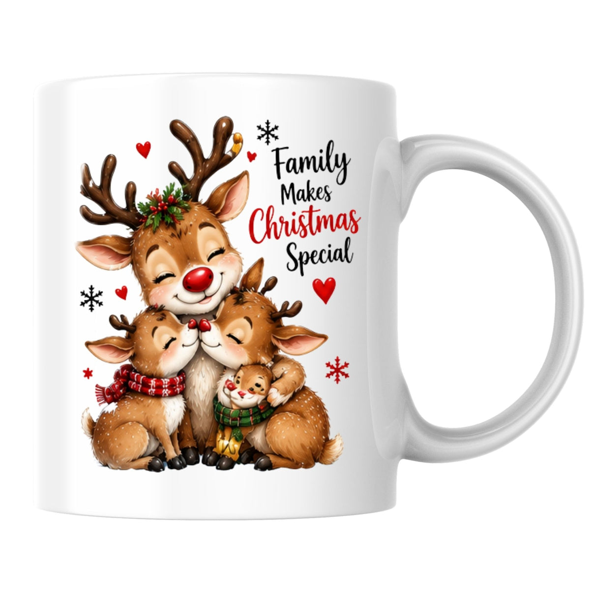 Heartwarming Mug "Family Makes Christmas Special" Reindeer Family 325ml Ceramic Coffee Mug Cute Winter Holiday Tea Cup with Snuggling Little Reindeer & Hearts Gift | Available in Multicolours | Fast Dispatch by UK Seller (M1261)