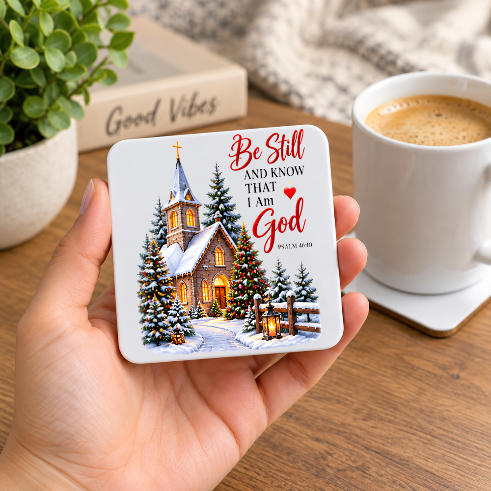 Inspirational Religious Hardboard Coaster "Be Still And Know That I Am God" Graphic 9cm x 9cm Square Drinks Coaster “ Snowy Winter Church Ch