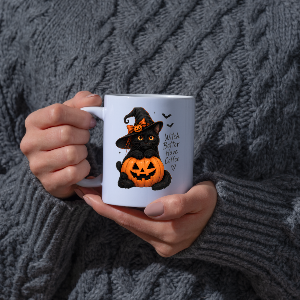 Halloween Mug "Witch Better Have Coffee Black Cat" Witch Better Have Coffee Black Cat 325ml Ceramic Coffee Mug – Cute Halloween Autumn Tea Cup With Witch Hat Jack O Lantern Graphic Gift | Available in Multicolours | Fast Dispatch by UK Seller (M3225)