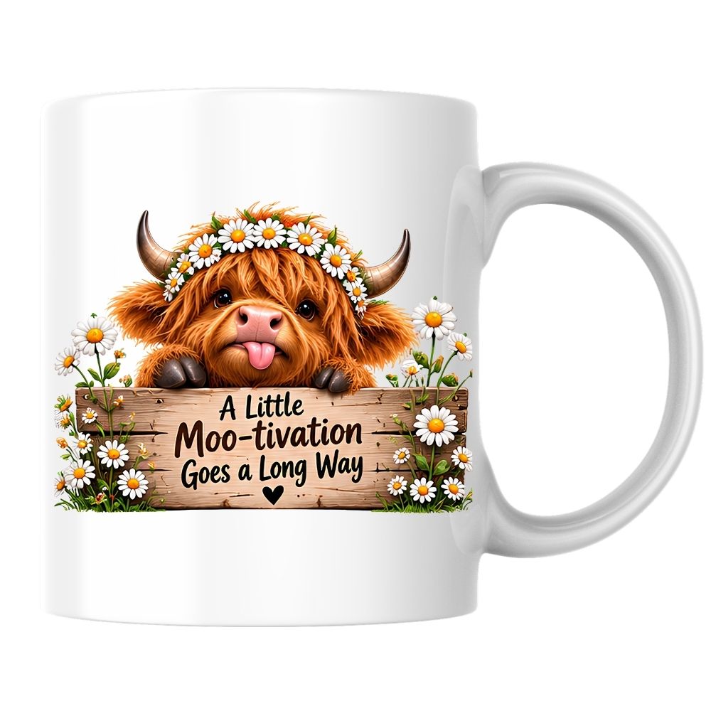 Inspiring Mug "A Little Moo-tivation Goes a Long Way" Highland Cow 325ml Ceramic Coffee Mug Cute Animal Tea Cup with Daisy Flower Crown & Wooden Sign | Available in Multicolours | Fast Dispatch by UK Seller (M1278)
