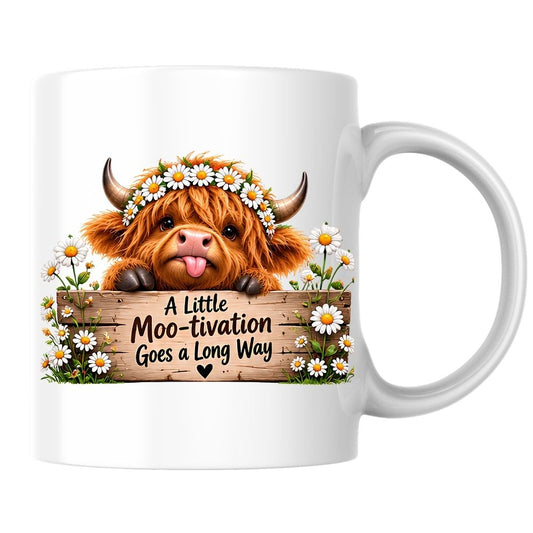 Inspiring Mug "A Little Moo-tivation Goes a Long Way" Highland Cow 325ml Ceramic Coffee Mug Cute Animal Tea Cup with Daisy Flower Crown & Wooden Sign | Available in Multicolours | Fast Dispatch by UK Seller (M1278)