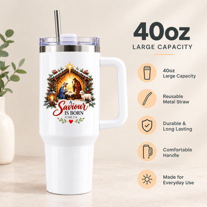Inspirational Religious Christmas Travel Tumbler "A Saviour Is Born" Graphic 40oz Stainless Steel Insulated Travel Mug with Handle & Straw – Nativity Scene with Baby Jesus, Mary, Joseph & Sheep Novelty Travel Cup | Fast Dispatch by UK Seller (T3013)