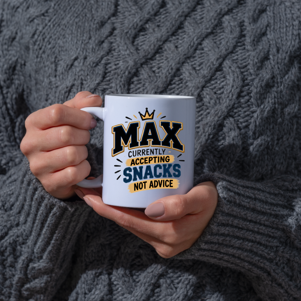 Personalized Name Mug "Max Currently Accepting Snacks Not Advice" Max Currently Accepting Snacks 325ml Ceramic Coffee Mug – Custom Name Varsity Typography Slogan with Golden Crown & Brushstroke Highlights | Funny Gift | Fast Dispatch by UK Seller (M3444)