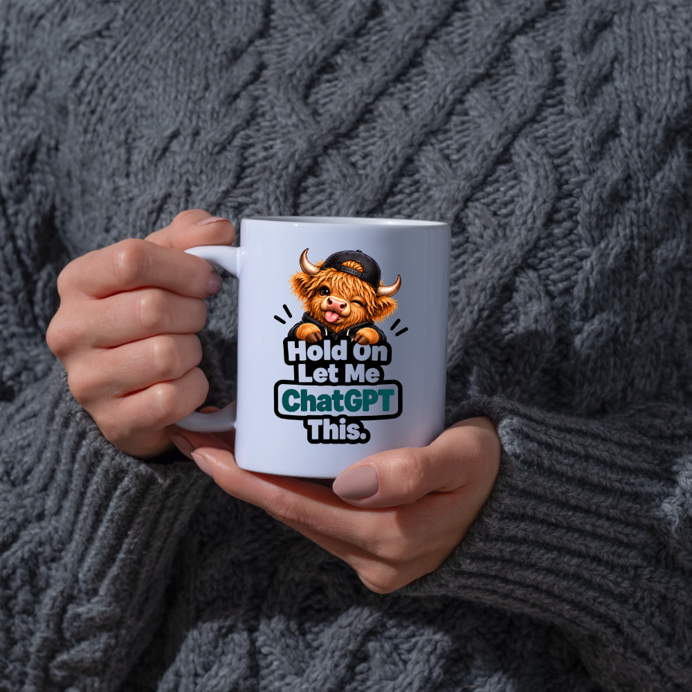 Funny Highland Cow AI Mug "Hold On Let Me ChatGPT This" Hold On Let Me ChatGPT This 325ml Ceramic Coffee Mug – Cute Highland Cow in Cap & Hoodie AI Tech Humor | Funny Work & Developer Gift | Fast Dispatch by UK Seller (M3458)