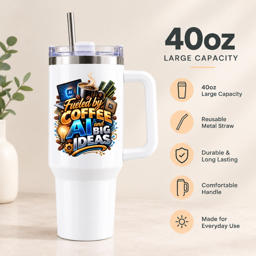 Funny Tech Travel Tumbler "Fueled by COFFEE AI and BIG IDEAS" Graphic 40oz Stainless Steel Travel Mug with Handle & Straw – Tech Laptop, Steaming Coffee Cup, RAM & Processor Chip Novelty Gift for Coders & Office | Fast Dispatch by UK Seller (T3049)