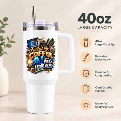 Funny Tech Travel Tumbler "Fueled by COFFEE AI and BIG IDEAS" Graphic 40oz Stainless Steel Travel Mug with Handle & Straw – Tech Laptop, Steaming Coffee Cup, RAM & Processor Chip Novelty Gift for Coders & Office | Fast Dispatch by UK Seller (T3049)