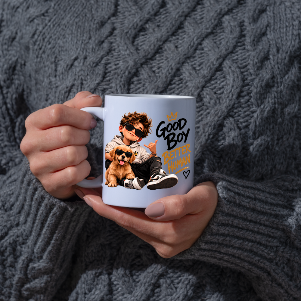 Dog Mug "Good Boy Better Human" 325ml Ceramic Coffee Tea Cup – Golden Retriever Puppy Graphic, Sunglasses & Slogan Novelty Gift for Dog Lovers, Teens, Birthday – Fast Dispatch by UK Seller (M3500)