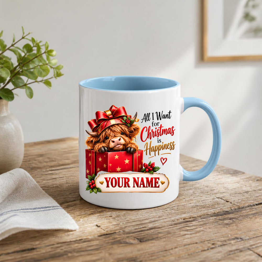 Personalised Christmas Mug "All I Want For Christmas Is Happiness" 325ml Ceramic Coffee Tea Cup – Gift Box Highland Cow, Red Bow, Custom Name & Festive Slogan Novelty Gift for Bestie, Women, Holiday – Fast Dispatch by UK Seller (M3518)