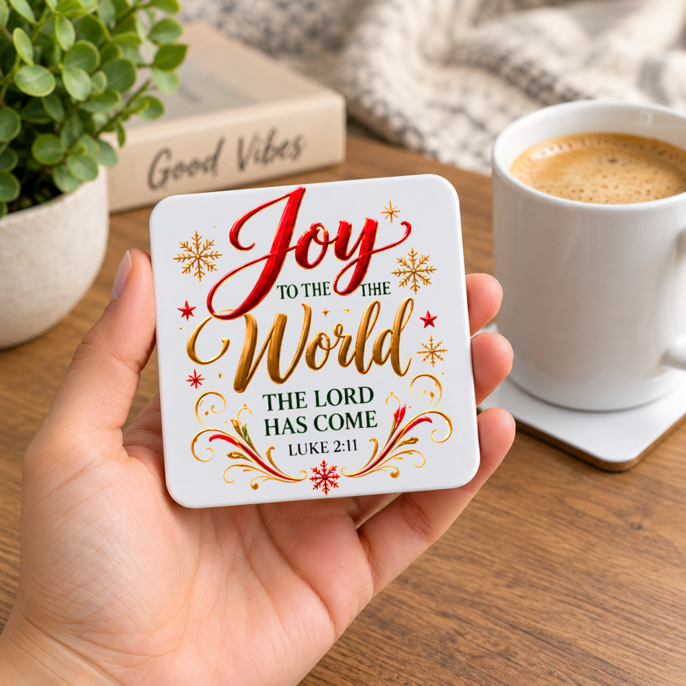 Festive Christian Christmas Coaster "Joy to the World The Lord Has Come Luke 2:11" Graphic Glossy Hardboard 9x9cm Drinks Mat – Red & Golden Script Bible Verse Holiday Tableware Gift | Fast Dispatch by UK Seller (C3057)