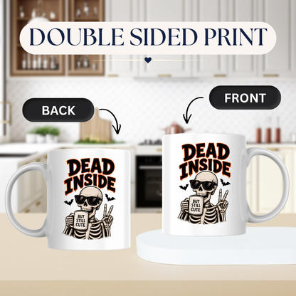 Halloween Mug "DEAD INSIDE But Still Cute" Skeleton 325ml Ceramic Coffee Mug – Cool Skeleton Tea Cup with Sunglasses & Peace Sign Graphic Gift | Available in Multicolours | Fast Dispatch by UK Seller (M3070)