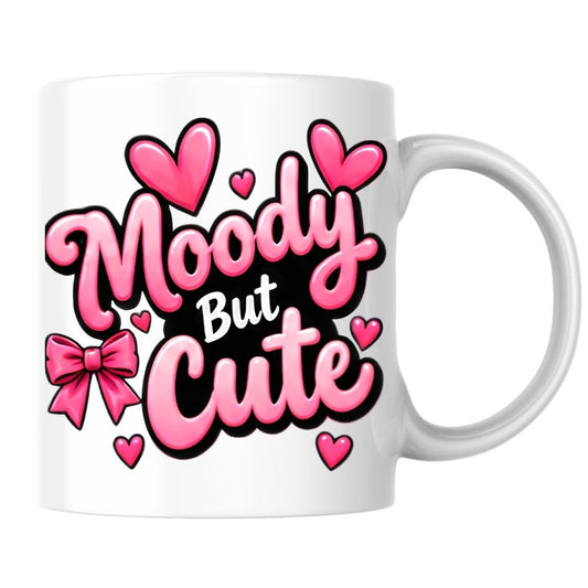 Sassy Mug "Moody But Cute" 325ml Ceramic Coffee Mug Cute Bold Typography Tea Cup with Pink Ribbon Bow & Hearts Graphic Gift | Available in Multicolours | Fast Dispatch by UK Seller (M1313)