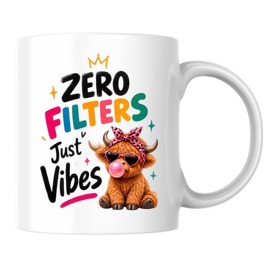 Sassy Mug "Zero Filters Just Vibes" Highland Cow 325ml Ceramic Coffee Mug Cute Animal Tea Cup with Heart Sunglasses, Pink Bow & Bubblegum Gift | Available in Multicolours | Fast Dispatch by UK Seller (M1284)