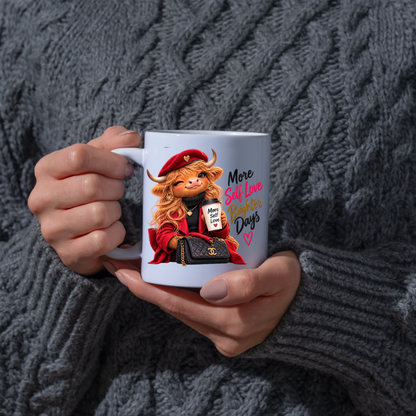 Self-Love Mug "More Self Love Brighter Days Highland Cow" More Self Love Brighter Days Highland Cow 325ml Ceramic Coffee Mug– Chic Red Beret Fashion Tea Cup Positive Typography Graphic Gift | Available in Multicolours | Fast Dispatch by UK Seller (M3197)