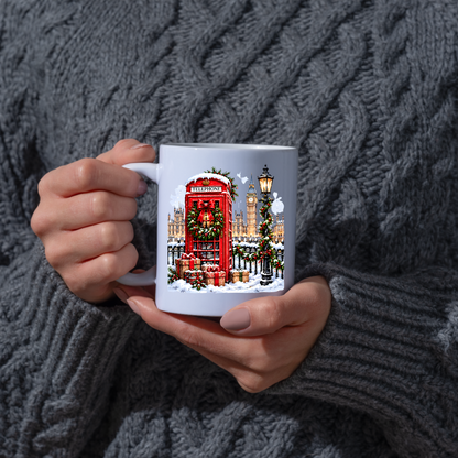 London Christmas Telephone Box Mug "Winter in London" Christmas in London Telephone Box 325ml Ceramic Coffee Mug –Big Ben & Houses of Parliament Scene with Festive Wreath, Lamp Post & Gift Boxes | Holiday Souvenir Gift | Fast Dispatch by UK Seller (M3439)