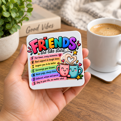 Best Friends Coaster "Friends Are Like Stars..." Acrostic Definition Graphic Glossy Hardboard 9x9cm Drinks Mat – Cute Hugging Coffee Mugs & Rainbow Tableware Gift | Fast Dispatch by UK Seller (C3069)