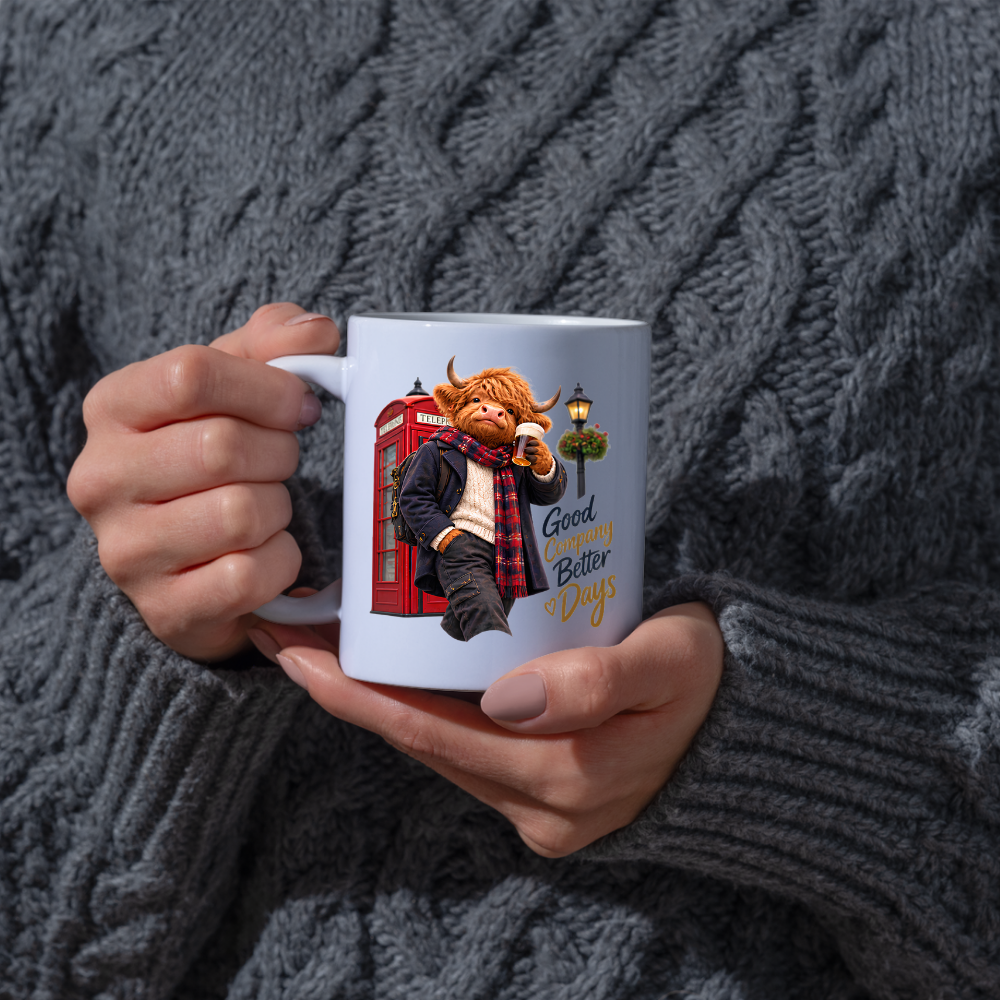London Mug "Good Company Better Days British Highland Cow" Good Company Better Days 325ml Ceramic Coffee Mug – Cozy Highland Cow with Pint Of Beer By Red Phone Box Lamp Post British Gift | Available in Multicolours | Fast Dispatch by UK Seller (M3286)