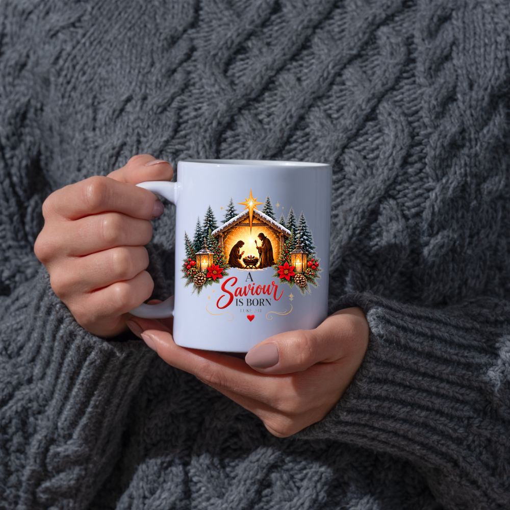 Christmas Mug "A Saviour Is Born Luke 2:11" A Saviour Is Born 325ml Ceramic Coffee Mug – Festive Nativity Scene Mug with Star of Bethlehem Poinsettia Holiday Gift | Available in Multicolours | Fast Dispatch by UK Seller (M3320)