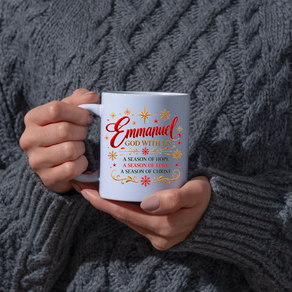 Christmas Mug "Emmanuel God With Us" Emmanuel God With Us 325ml Ceramic Coffee Mug – Christian Christmas Verse Mug with Gold Star, Snowflakes Scrollwork Festive Religious Gift | Available in Multicolours | Fast Dispatch by UK Seller (M3294)