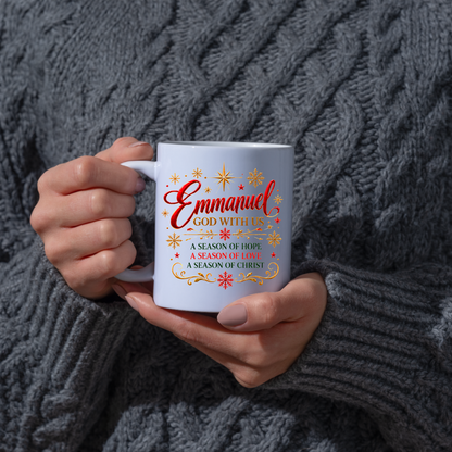 Christmas Mug "Emmanuel God With Us" Emmanuel God With Us 325ml Ceramic Coffee Mug – Christian Christmas Verse Mug with Gold Star, Snowflakes Scrollwork Festive Religious Gift | Available in Multicolours | Fast Dispatch by UK Seller (M3294)