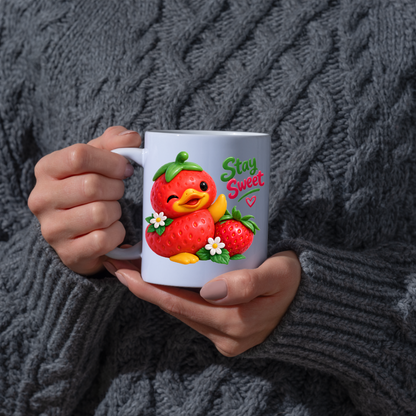 Inspirational Mug "Stay Sweet Strawberry Duck" Stay Sweet 325ml Ceramic Coffee Mug – Cute Winking Strawberry Duck Waving Next to Blossoms Strawberry Heartwarming Gift For Friends Family | Available in Multicolours | Fast Dispatch by UK Seller (M3249)