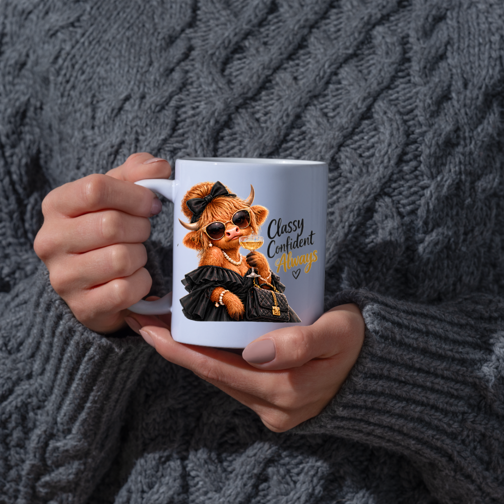 Highland Cow Mug "Classy Confident Always Highland Cow" 325ml Ceramic Coffee Mug – Glamorous Highland Cow in Black Evening Dress Pearls Sunglasses Bow Holding Champagne Glass Chic Gift | Available in Multicolours | Fast Dispatch by UK Seller (M3280)