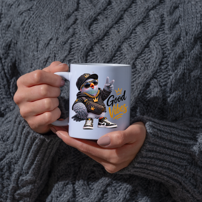 Streetwear Mug "Good Vibes Cool Pigeon" Good Vibes 325ml Ceramic Coffee Mug – Cool Pigeon with Cap, Sunglasses, Gold Chain, Hoodie & Sneakers Funny Hip Hop Bird Mug Gift For Friends | Available in Multicolours | Fast Dispatch by UK Seller (M3243)