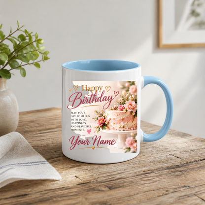 Personalised Birthday Mug "Happy Birthday" 325ml Ceramic Coffee Tea Cup – Pink Frosted Cake, Floral Decor, Custom Name & Love Wish Slogan Novelty Gift for Women, Bestie, Birthday – Fast Dispatch by UK Seller (M3512)