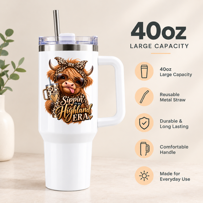 Sassy Highland Cow Travel Tumbler "Sippin' In My Highland Era" Graphic 40oz Stainless Steel Insulated Travel Mug with Handle & Straw – Cheeky Cow with Leopard Bow, Sunglasses & Mini Tumbler Novelty Travel Cup | Fast Dispatch by UK Seller (T3032)