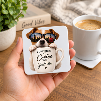Cute London Dog Hardboard Coaster "Powered by Coffee & Good Vibes" Graphic 9cm x 9cm Square Drinks Coaster “ Cute Puppy in Sunglasses Reflecting Big Ben & Red Bus Cup Novelty Mat | Fun Glossy Gift for Dog Lovers | Fast Dispatch by UK Seller (C3005)