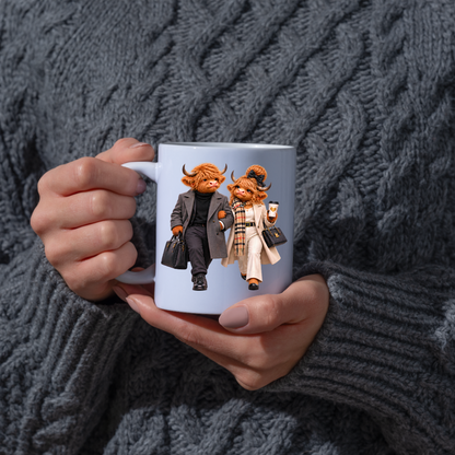 Fashion Mug "Elegance Highland Cow Couple Walking" Elegance Highland Cow Couple 325ml Ceramic Coffee Mug– Chic Winter Walking Tea Cup with Charcoal Overcoat Beige Trench Scarf Graphic Gift | Available in Multicolours | Fast Dispatch by UK Seller (M3191)