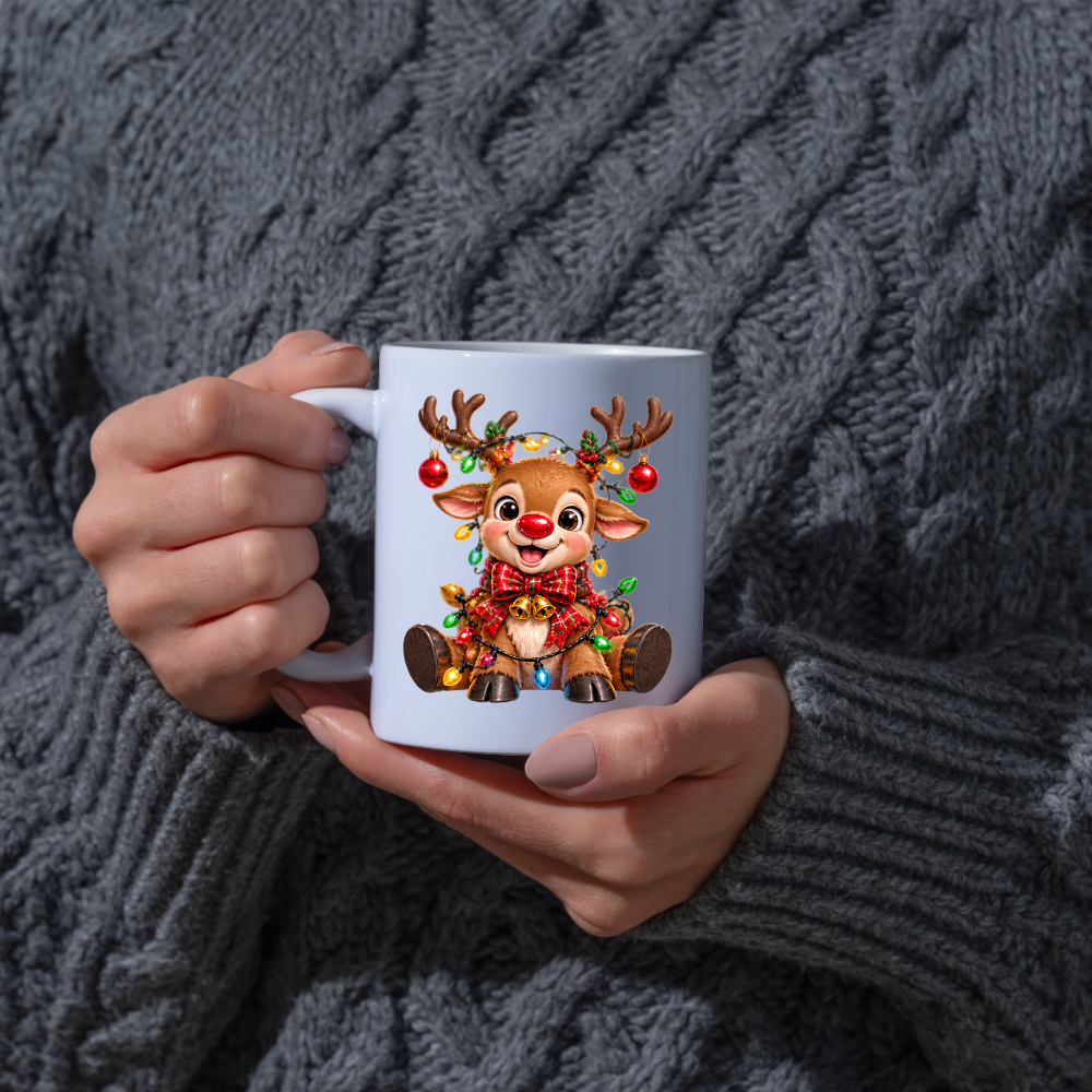 Christmas Mug "Baby Reindeer Christmas Lights Bow" Baby Reindeer 325ml Ceramic Coffee Mug – Festive Christmas Tea Cup with Red Nose, Fairy Lights Plaid Bow Baubles Graphic Gift | Available in Multicolours | Fast Dispatch by UK Seller (M3185)