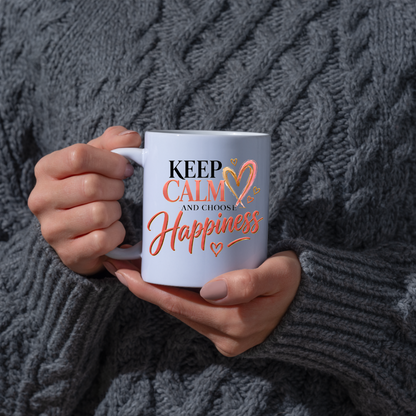 Motivational Mug "Keep Calm And Choose Happiness" 325ml Ceramic Coffee Tea Cup – Pink & Gold Typography, Cute Hearts & Positivity Slogan Novelty Gift for Friends, Colleagues, Birthday – Fast Dispatch by UK Seller (M3493)