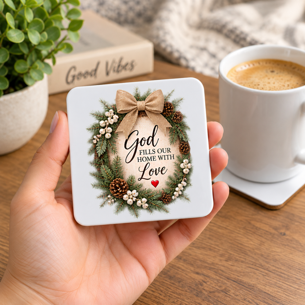Inspirational Religious Hardboard Coaster "God Fills Our Home With Love" Graphic 9cm x 9cm Square Drinks Coaster “Rustic Pine Wreath with Hessian Bow, White Berries & Pinecones Novelty Mat | Christian Glossy Gift | Fast Dispatch by UK Seller (C3049)