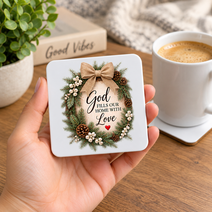 Inspirational Religious Hardboard Coaster "God Fills Our Home With Love" Graphic 9cm x 9cm Square Drinks Coaster “Rustic Pine Wreath with Hessian Bow, White Berries & Pinecones Novelty Mat | Christian Glossy Gift | Fast Dispatch by UK Seller (C3049)