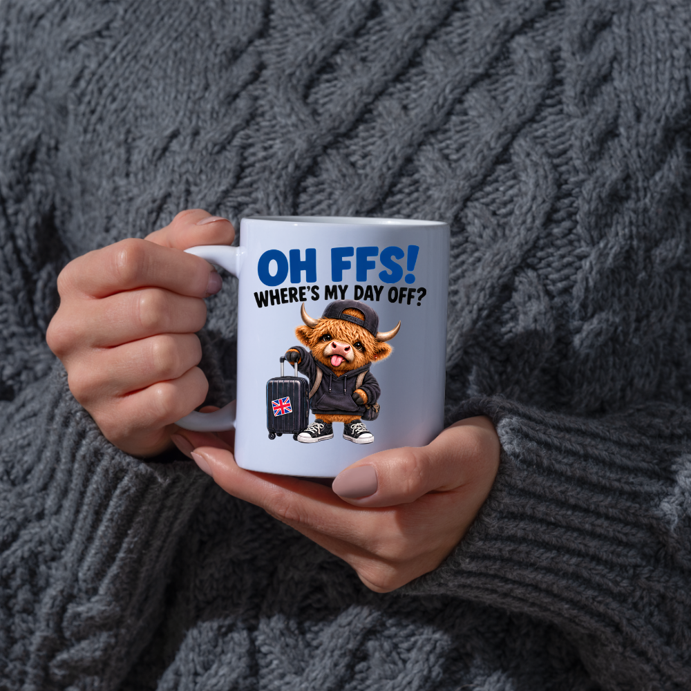 Highland Cow Day Off Mug "OH FFS! Where's My Day Off?" Oh Ffs! Where's My Day Off? 325ml Ceramic Coffee Mug – Cute Highland Cow in Hoodie & Cap with Union Jack Suitcase | Funny Work & Holiday Gift | Fast Dispatch by UK Seller (M3380)