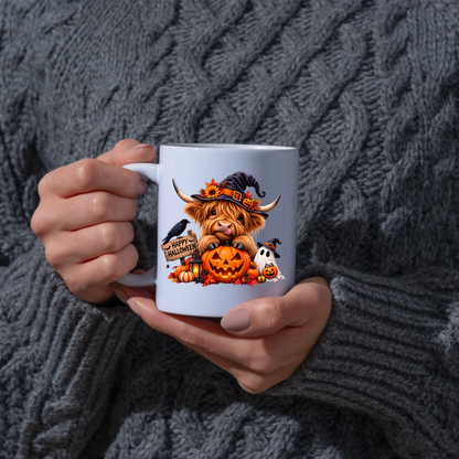 Halloween Mug "Happy Halloween" Cute Witchy Highland Cow 325ml Ceramic Coffee Mug Spooky Autumn Tea Cup with Pumpkin and Ghost Graphic Gift | Available in Multicolours | Fast Dispatch by UK Seller (M3155)