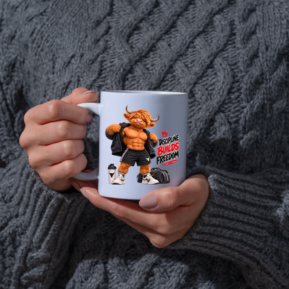 Gym Mug "Discipline Builds Freedom Muscular Highland Cow" Discipline Builds Freedom 325ml Ceramic Coffee Mug – Muscular Highland Cow Showing Six Pack Abs Open Zip Jacket Gym Fitness Gift | Available in Multicolours | Fast Dispatch by UK Seller (M3274)