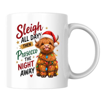 Festive Mug "Sleigh All Day Then Prosecco The Night Away" Highland Cow 325ml Ceramic Coffee Mug Cute Christmas Fairy Lights Tea Cup with Santa Hat & Stars Gift | Available in Multicolours | Fast Dispatch by UK Seller (M1291)
