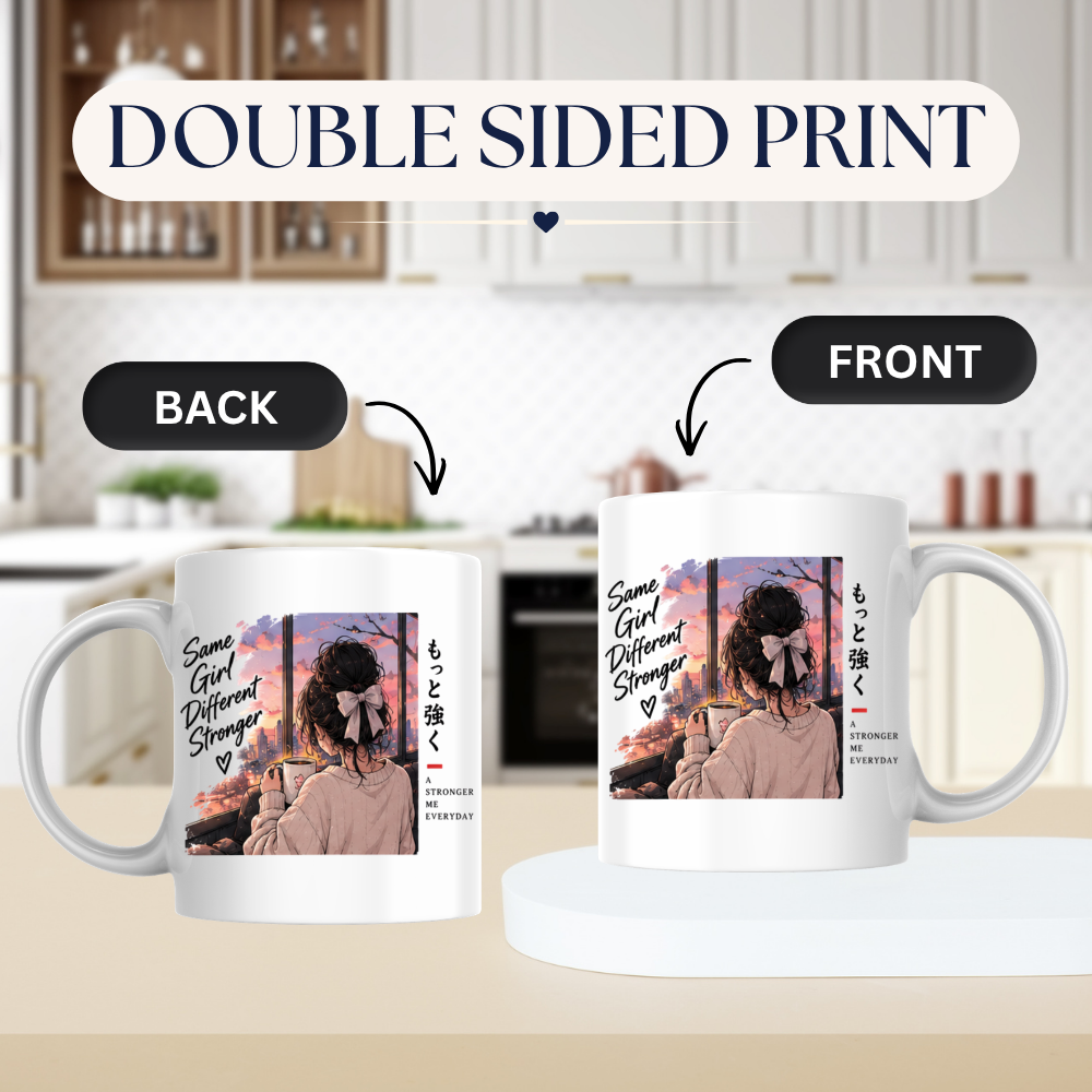 Inspirational Anime Girl Mug "Same Girl Different Stronger" Sunset Window 325ml Ceramic Coffee Mug – Aesthetic Mindful Tea Cup with Japanese Kanji Graphic Gift | Available in Multicolours | Fast Dispatch by UK Seller (M3034)