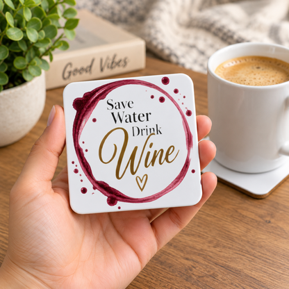 Witty Wine Stain Hardboard Coaster "Save Water Drink Wine" Graphic 9cm x 9cm Square Drinks Coaster “ Wine Glass Ring Stain Ring with Splash Droplets & Heart Novelty Mat | Sarcastic Glossy Gift for Wine Lovers | Fast Dispatch by UK Seller (C3017)