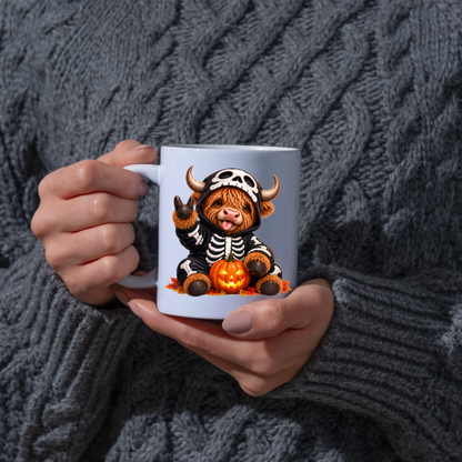 Spooky Mug "Skeleton Costume Highland Cow" Skeleton Highland Cow 325ml Ceramic Coffee Mug Cute Halloween Onesie Tea Cup with Pumpkin Graphic Gift | Available in Multicolours | Fast Dispatch by UK Seller (M3163)