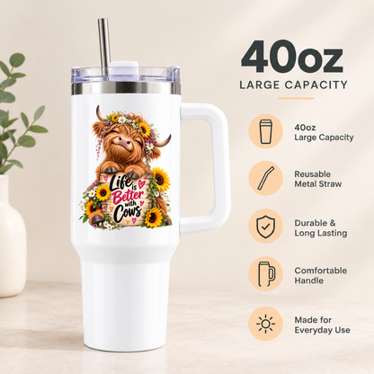 Floral Sunflower Highland Cow Travel Tumbler "Life is Better with Cows" Graphic 40oz Stainless Steel Insulated Travel Mug with Handle & Straw – Highland Cow in Flower Crown & Wooden Sign Novelty Travel Cup | Fast Dispatch by UK Seller (T3040)