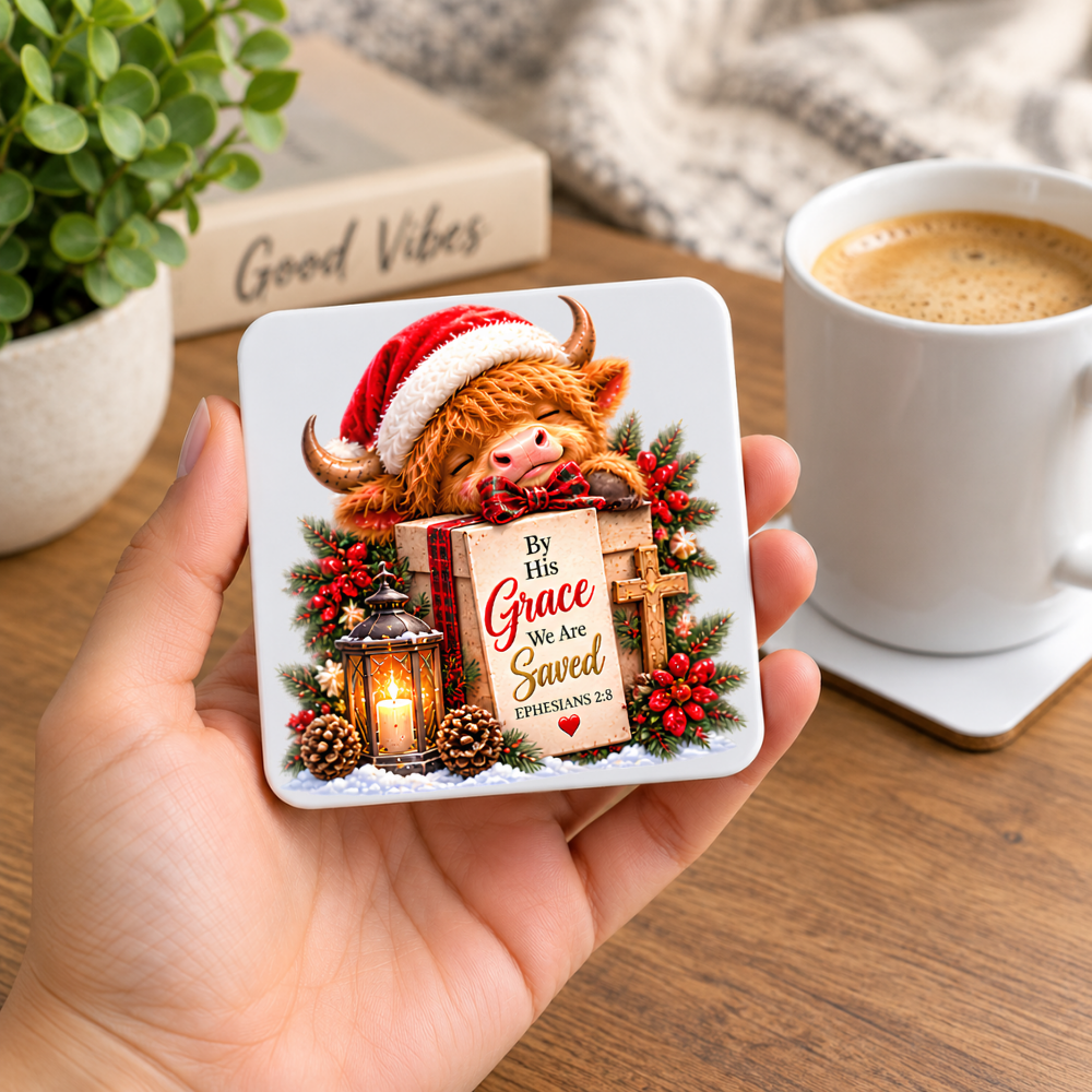 Festive Christian Christmas Coaster "By His Grace We Are Saved Ephesians 2:8" Graphic Glossy Hardboard 9x9cm Drinks Mat – Highland Cow, Wooden Cross & Candle Lantern Holiday Tableware Gift | Fast Dispatch by UK Seller (C3063)