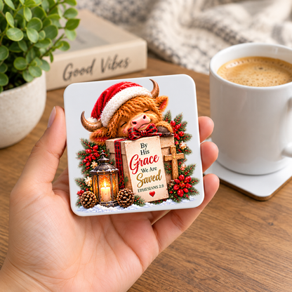 Festive Christian Christmas Coaster "By His Grace We Are Saved Ephesians 2:8" Graphic Glossy Hardboard 9x9cm Drinks Mat – Highland Cow, Wooden Cross & Candle Lantern Holiday Tableware Gift | Fast Dispatch by UK Seller (C3063)