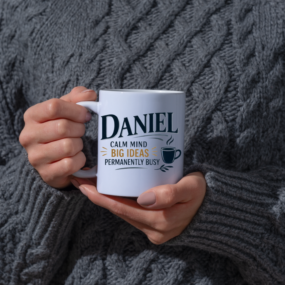 Personalized Name Mug "Daniel Calm Mind Big Ideas Permanently Busy" Daniel Calm Mind Big Ideas Permanently Busy 325ml Ceramic Coffee Mug – Custom Name Typography Slogan with Coffee Cup & Leaf Flourish | Funny Gift | Fast Dispatch by UK Seller (M3419)