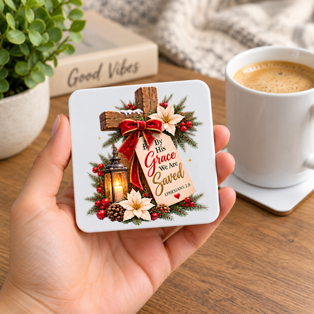 Inspirational Religious Hardboard Coaster "By His Grace We Are Saved" Graphic 9cm x 9cm Square Drinks Coaster –Wooden Cross with Red Bow, Hanging Scripture Tag, Lantern & Poinsettias Novelty Mat | Christian Glossy Gift | Fast Dispatch by UK Seller (C3043)