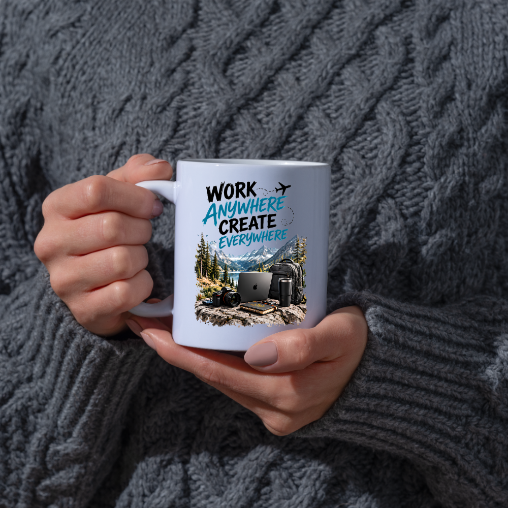 Tech Mug "Work Anywhere Create Everywhere" Work Anywhere Create Everywhere 325ml Ceramic Coffee Mug – Digital Nomad Mug with Mountain Lake, Laptop, Camera & Travel Backpack | Remote Work Gift | Fast Dispatch by UK Seller (M3334)