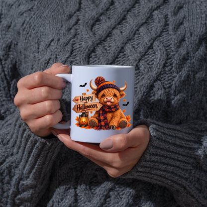 Halloween Mug "Cozy Beanie Happy Halloween" Cozy Halloween Highland Cow 325ml Ceramic Coffee Mug – Autumn Beanie Tea Cup with Wooden Sign Lantern Graphic Gift | Available in Multicolours | Fast Dispatch by UK Seller (M3167)