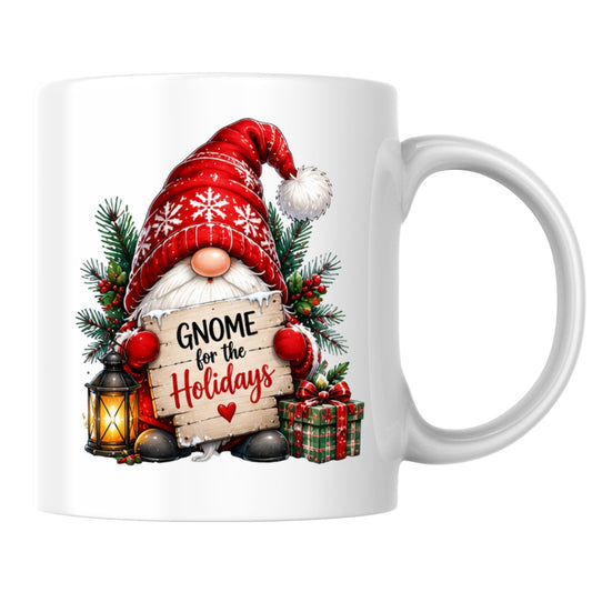 Charming Mug "Gnome for the Holidays" Christmas Gnome 325ml Ceramic Coffee Mug Festive Winter Holiday Tea Cup with Lantern, Gift & Wooden Sign Gift | Available in Multicolours | Fast Dispatch by UK Seller (M1254)